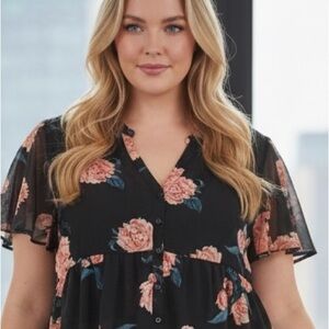 Torrid Black Floral High-Low Chiffon Tunic Blouse | Like New | Size 2X (18/20)